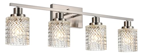 MELUCEE 4 Lights Brushed Nickel Vanity Light Modern Bathroom Light Fixtures with Hammered Glass Shade, Indoor Metal Wall Lights for Powder Room Hallway Kitchen, E26 Base