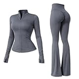 Yu & Me PARIS Women 2 Piece Slim Fit Gym Wear Tracksuit Set –Zip-Up Jacket & High Waist Flared Cut Scrunch Leggings Ruched Seam (DarkGrey, S/M, 6-10)