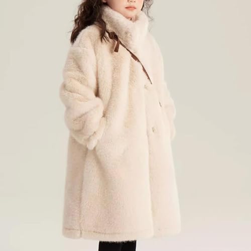 Girls Faux Fur Jacket Long Trench Coat Fuzzy Fleece Winter Warm Stand Collar Windbreaker Overcoat 6-16 Years3