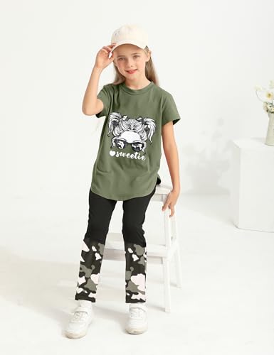 Image of Girls Outfits Short Sleeve Irregular Tops + Camouflage Long Legging Outfits 2PCs Summer Pant Sets 6-14T