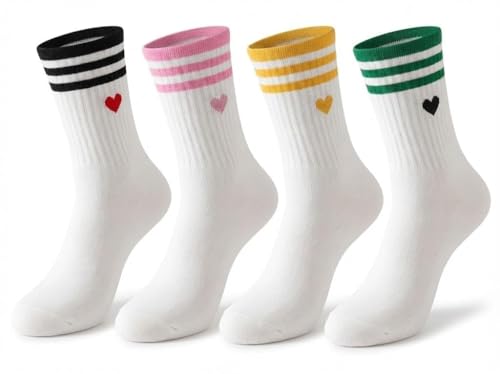 ZSYSD 4 Paar Tennissocken Damen Weiß Sportsocken mit Streifen Herz Motiv Baumwollesocken Damen Socken Lustige Socks Weiss Personalisierte Socken 39-42 Herzsocken für Damen Tennis Sport Lauf