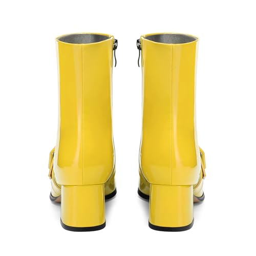 Women's Mid-Calf Boots, Women's Chunky Heeled Booties Patent Leather Buckle Square Toe Ankle Boots Mid Block Heel Short Boots 2 Inch4