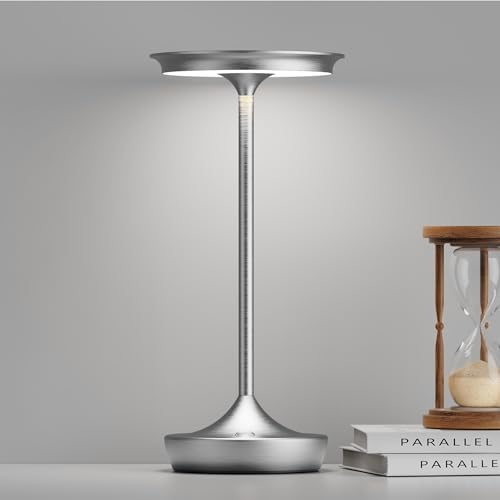 Image of LED Cordless Table Lamp 6000mAh Rechargeable Battery Outdoor Light Silver | Cordless Portable Waterproof, 3 Color Stepless Dimmable, LED Lights Memory Function For Patio Restaurant Bar Dining