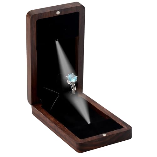 Yookin Wooden Engagement Ring Box For Proposal Valentines Day Jewelry Gift Box Wood Rotating Wedding Day Ring Box With Led Light Gift Packaging(Black Walnut)