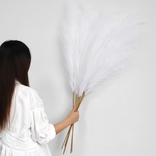 YiYa Artificial Pampas Grass Decoration 6 Pcs 113CM Large Pampas Grass Stems White Fluffy Artificial Pampas Grass for Floor Vases Tall Plant Flowers Boho Home Decor Office Decor(White)