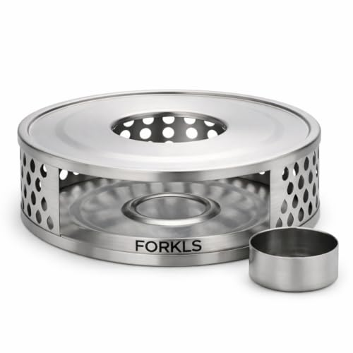 FORKLS Stövchen Edelstahl - Teekannenwärmer mit Teelichthalter - Teelicht Stövchen für Teekanne Kaffeekanne und Speisen - Abnehmbarer Teelichthalter - Stabil Klapperfrei und Spülmaschinenfest
