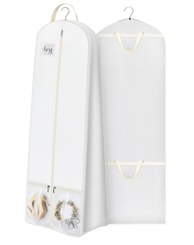 KIMBORA 72” Wedding Dress Garment Bag with 15” Gusset Bridal Dress Bags for Gowns Long Storage and Travel Large Mesh Pockets Hanging Garment Cover for Women, White
