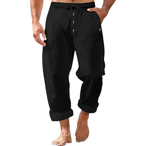Mens Linen Beach Pants Summer Vacation Casual Baggy Wide Leg Trousers Buttoned Drawstring Yoga Pants with Pockets - Main Image