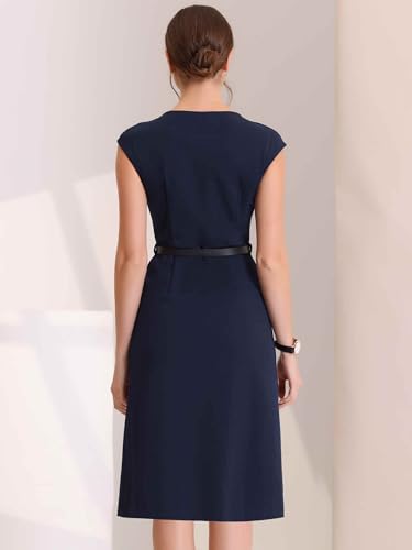 Image of Allegra K Business Dress for Women's Work Elegant 2026 Cap Sleeve Belted Office Sheath Dresses