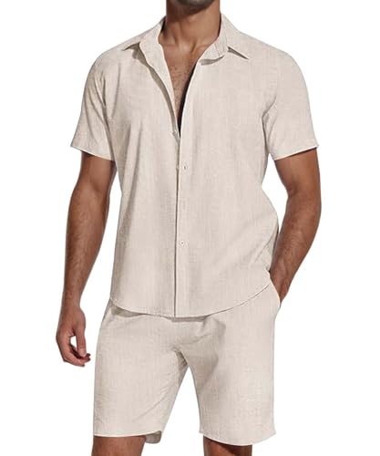 SHEKINI Men's Cotton 2 Piece Pajama Set Short Sleeve Button Down Shirt & Lightweight Shorts for Summer Beach Casual Outfits