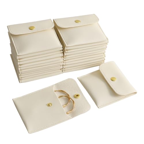 40pcs PU Leather Small Bags for Jewelry 8 x 8cm Snap Button Jewelry Packaging Bag White Luxury Small Favor Bags Jewelry Gift Bags for Earrings Necklaces Bracelet Ring