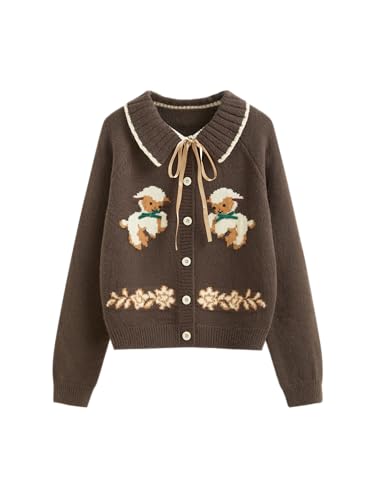 CIDER Women Going Out Knit Cute Cardigan Sweater Sheep Embroidery Ribbon Tie Casual Cardigan