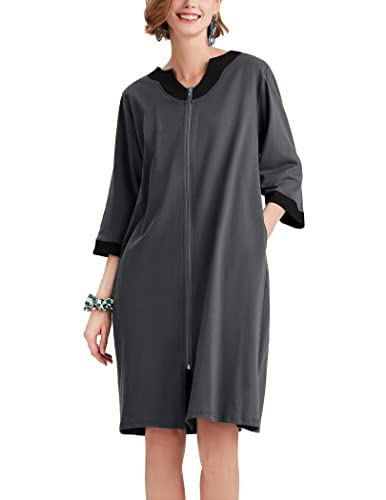 Ekouaer Women Zipper Robe 3/4 Sleeve Nightgowns Lightweight Short Bathrobe with Pockets S-3XL