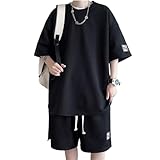 [Aaronlive] Tシャツメンズ 夏服半袖 上下 セット ゆったり ジャージ メンズ 上下 ハーフパンツ セットアップ メンズ 無地 スウェット メンズ 上下セット 大きいサイズ 吸汗速乾 部屋着 オフルームウエアblack M