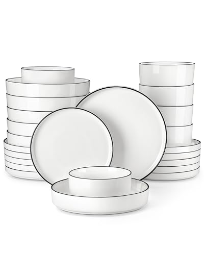 MALACASA, Série LEAH, Service de Table 24 Pièces en Porcelaine pour 6 Personnes avec Assiette Plate, Assiette à Dessert, Bol à Céréale et Bol à Pâte | Passe au...