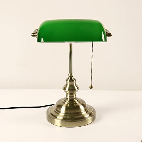LQZHBDWZ Bankers Lamp Vintage Traditional Banker Desk Lamp Classic Conference Room Office Light with Pull Switch, Green Glass Shade Adjustable And Bronze Finish Base