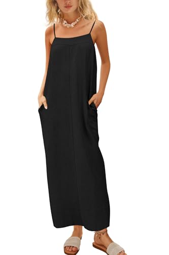 ReachMe Womens Linen Maxi Dress Summer Spaghetti Strap Long Dresses Square Neck Sleeveless Backless Dress with Slit