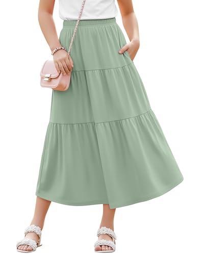 YooAurvox Girls Maxi Skirts with Pockets 5-16Y Tiered Elastic Waist Long Flowy Swing Ruffle Pleated Casual Summer Skirts(13-14 Years Matcha Green)