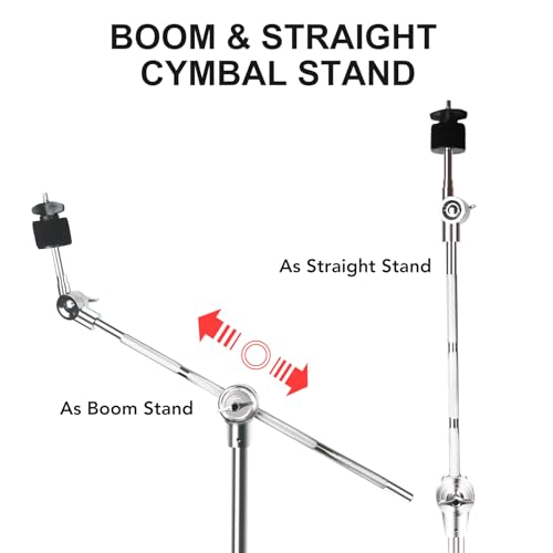 Image of Boom Cymbal Stand, Adjustable 2-in-1 Straight Boom Cymbal Stand + Drumsticks + Drumstick Holder + Drum Keys, Double Braced Legs with Rubber Feet for Mounting Crash, Ride, Splash Cymbals (1 Set)