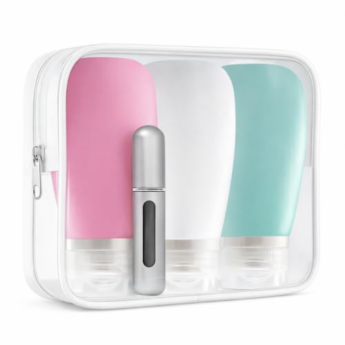 Neceser de Viaje (Cosmetic Case) con Botellas Rellenables 90ml y Atomizador 5ml, Bolsa Transparente para Cosméticos, Organizador de Aseo