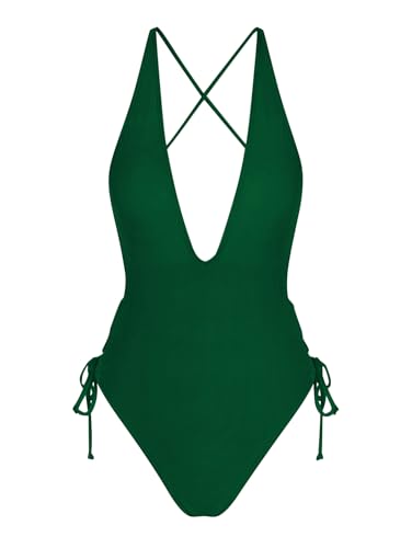Image of ZAFUL Women Plunging One Piece Swimsuit Backless Cross Tie High Cut Thong One-Piece Bathing Suit