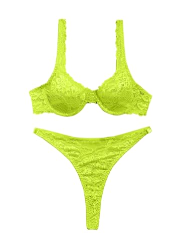 Image of Lilosy Petite Sexy Floral Lace Scallop Underwire Push Up Sheer Lingerie Set Outfits Women See Through Match Thong Bra and Panty 2 Piece Neon Green X-Small