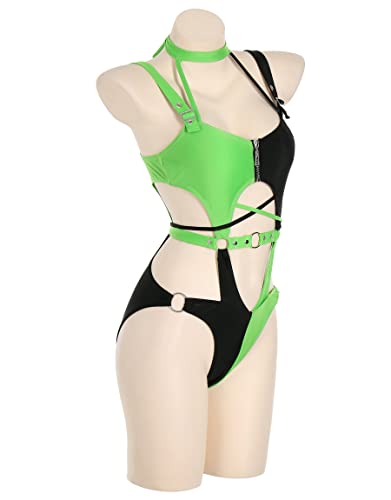 MEOWCOS Women's One Piece Swimwear Gothic Swimsuit Green and Black Spliced Cutout Bathing Suit2