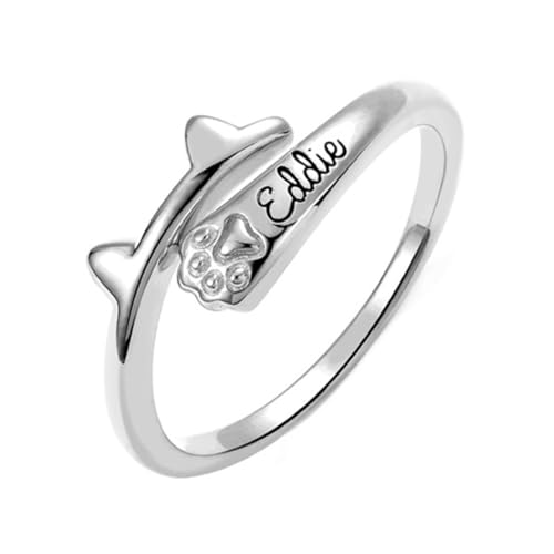 ZKXXJ Custom Name Pet Ring Personalized Cat Ear Shape Name Engraved Pet Memorial Ring Cat Lover Gifts Pet Lover Rings Jewelry with Paw Print for Pet Owner,Personalized Cat Gift,Adjustable