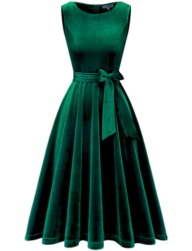 Damen Samt Kleid 50er Jahre Cocktailkleid Rockabilly Kleider Petticoat Festlich Hochzeit Dark Green XL
