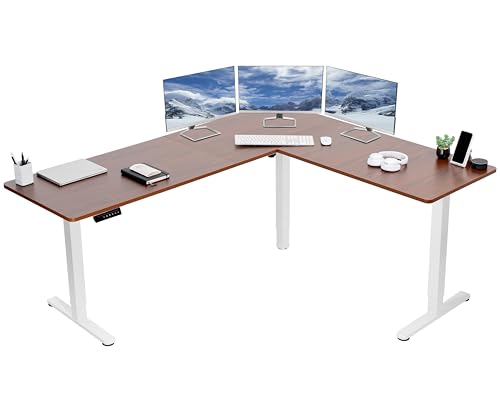 VIVO Electric Corner 75 x 63 inch L-Shaped Standing Desk, Memory Height Adjustment, Dark Walnut Top White Frame, DESK-E3CTWD-75