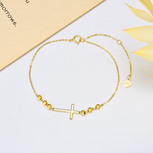Solid 14K Gold Cross Bracelet for Women, Real Yellow Gold Adjustable Cross Bracelets Religious Jewelry Gift for Her2