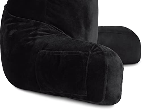 Husband Pillow Black, Standard+ Original Reading Pillow In Bed Rest Chair, Shredded Memory Foam Large Lounge Cushion Adult Backrest W/Arms, Comfy Back Support For Sit Sitting Up, Wash/Removable Cover #TOP7