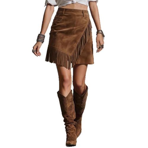 SUIUOI Damen Western Rock Wildlederoptik Asymmetrisch Fransen Mini Rock Figurbetont Cowgirl Stil