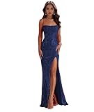 Navy Blue Long Sequin Homecoming Dresses for Juniors 2024 Spaghetti Straps Sparkly Mermaid Prom Dress Open Back Formal Evening Gowns Size 4