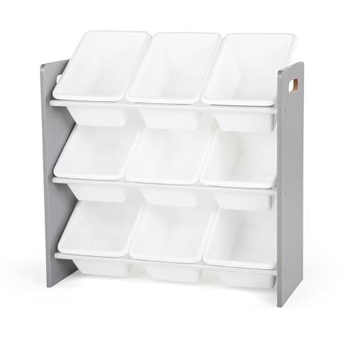 Image of Humble Crew Toy Storage Organizer with 9 Removable Storage Bins for Kids Playroom, 3-Tier Toddler Toy Organization and Storage, Grey/White