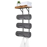 Towel Rack Towel Holder for Bathroom Wall Mount,Tower Organizer with Wooden Shelf and 3 Hooks for Small Bathroom/RV/Camper-Black