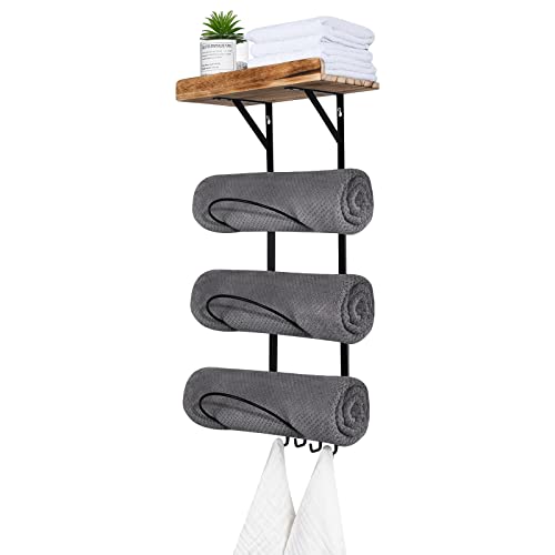 towel rack for camper - POSTEK Towel Rack Towel Holder for Bathroom Wall Mount,Towel Organizer with Wooden Shelf and 3 Hooks for Small Bathroom/RV/Camper-Black