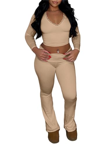 Lybiogs Women's 2 Piece Lounge Sets Fold Over Flare Yoga Pants Set...