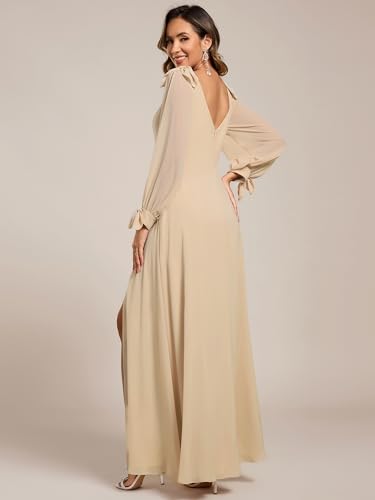 Image of Ever-Pretty Women's Fall Winter Formal Wedding Guest Dress Long Sleeve V Neck Chiffon Floor Length Bridesmaid Dresses 80116