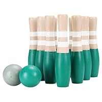 Sterling Sports Wooden Lawn Bowling 9\" Skittles Set with Carrying Mesh Bag for Indoors and Outdoors - 10 Wooden Pins and 2 Balls, Green/Turquoise and Gray