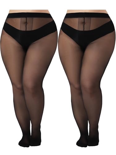 Image of Plus Size Sheer Black Tights for Women T-Crotch 20D Ultra Thin Pantyhose High Waist Stockings 2 Pairs