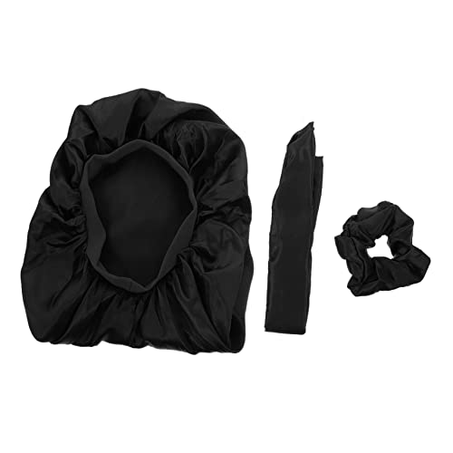 PATKAW 3 Piezas 1 Juego Conjunto Largo De Gorro De Dormir Patas Titulares Bandas Telar Pulsera De Caballo Abultado Hombres Chinos Noche Bueno Gorro De Pelo De Seda Rotura Satín Black