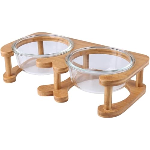 MsiDtsoy 猫えさ皿 ガラス製ペットボウル水ボウル 竹製 食器スタンド 猫食器台 取り外し可能 自然木製 犬えさ皿 (600ML,ガラス製ダブルボウル)