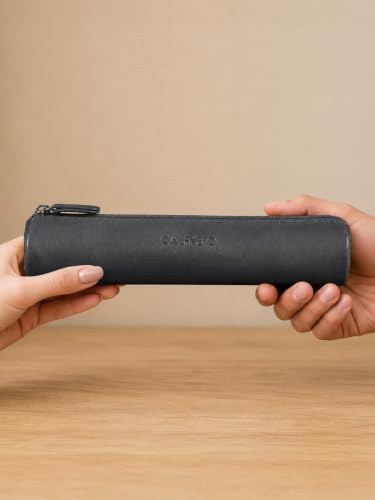 Image of Calfnero Genuine Leather Pen-Case for Men & Women | Premium Black Leather Pencil-Pouch with Zipper | Cylindrical Pen-Holder Organizer for Pen, Pencils & Stationery | Unisex Pen-Sleeve