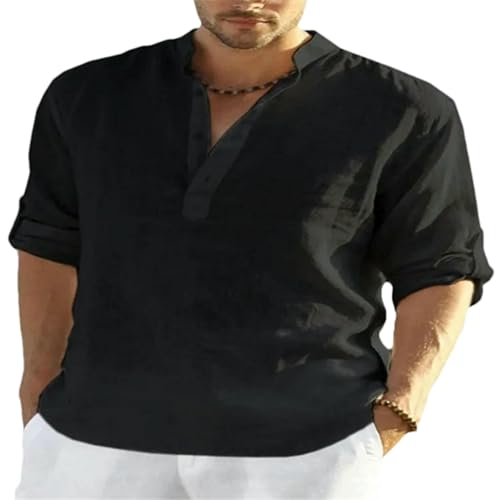 Chemise décontractée pour homme col montant manches longues coton uni style streetwear