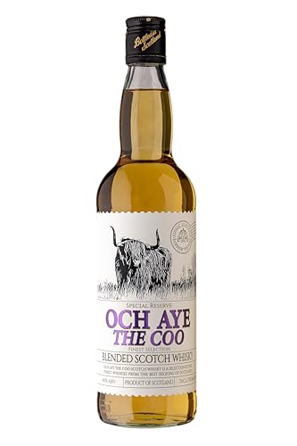 Il Blended Scotch Whisky Och Aye The Coo è fragrante e ricco al palato. Vanta note dolci e speziate di orzo maltato, torta di mele e cannella, con un sapore morbido e delizioso di frutta matura, pasticceria croccante e toffee caldo. Un retrogusto lungo e dolce completa questa raffinata miscela di Scotch Whisky.