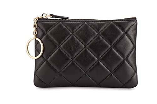 Image of DORIS&JACKY Soft Lambskin Leather Coin Purse Small Quilted RFID Blocking Top Zipper Wallet With Key Chain