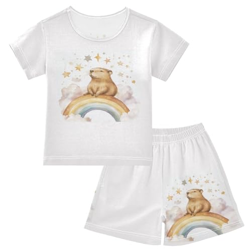 Rainbow Stars Watercolor White Pajama Set Short Sleeve Summer Pajamas Sleepwear Nightwear Set Cotton 5Y