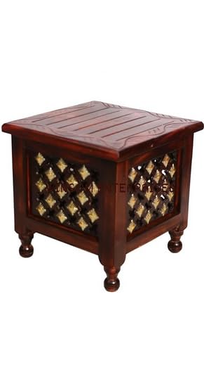 DIAMOND ARTS Wooden Stool with Brass Cutting Design Storage Stool for Living Room and Bedroom Furniture (Brown,12 X 12 X 12 Inches) Solid Wood Corner Table