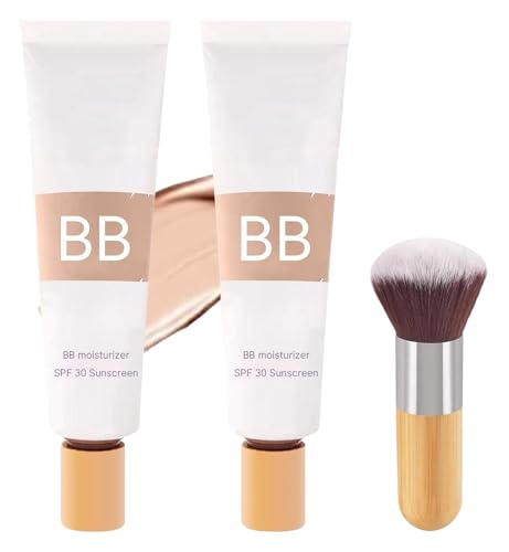 Image of 2Pcs BB Cream Tinted Moisturizer SPF 30,BB Cream Tinted Moisturiser for Mature Skin,Smooth & Hydrate Foundation with Makeup Brush,Evens Skin Tone (Natural Color)